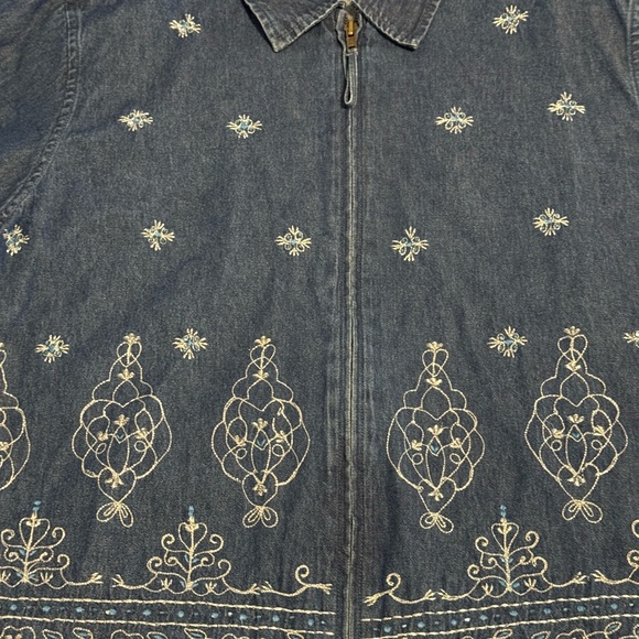 Erika Boho Zippered Embroidered Jean Jacket Silver Threading W / Turquoise Sz XL - Picture 9 of 16